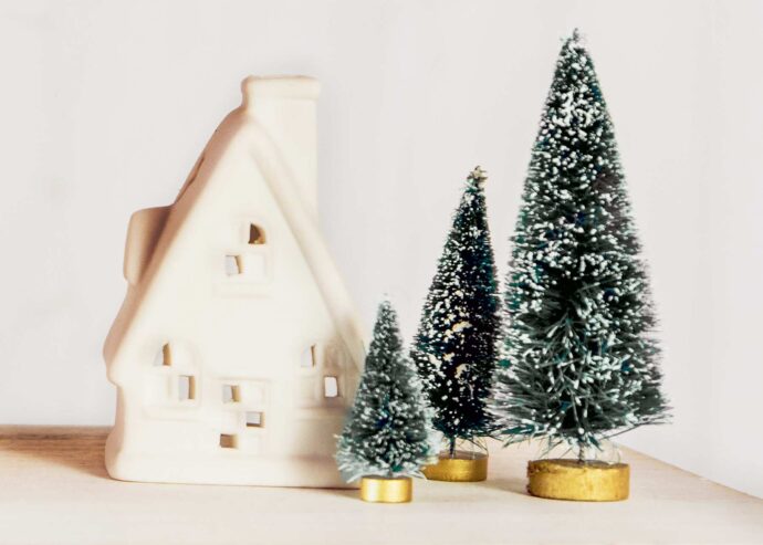 winter holiday decorations of a home and little trees