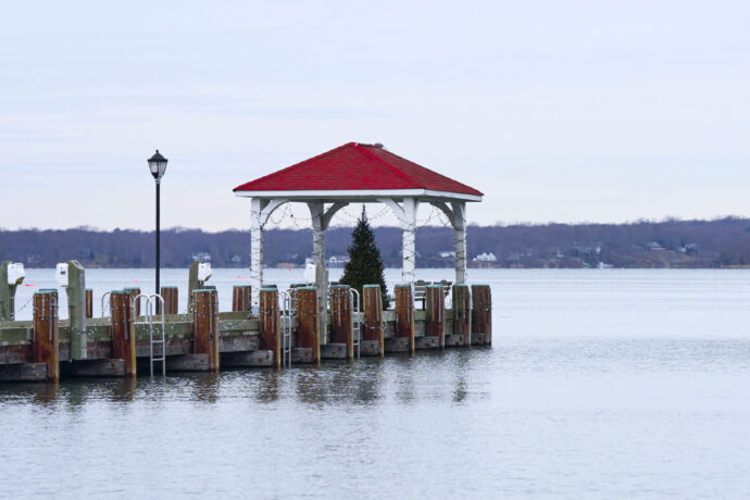 photo of dock in Northport, New York with Christmas tree